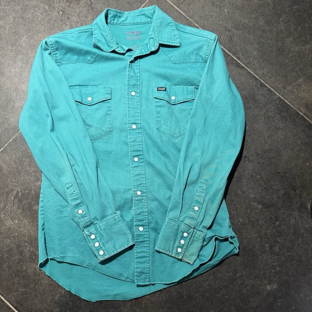 Wrangler Western Shirt Mens L Teal Premium Performance Pearl Snap Cowboy Rodeo